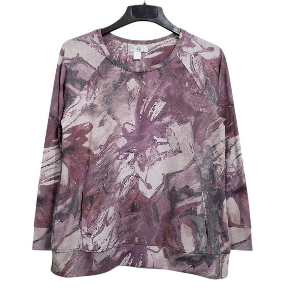 Christopher Banks Women Top PM Gray Purple Abstract Print Pockets Athleisure